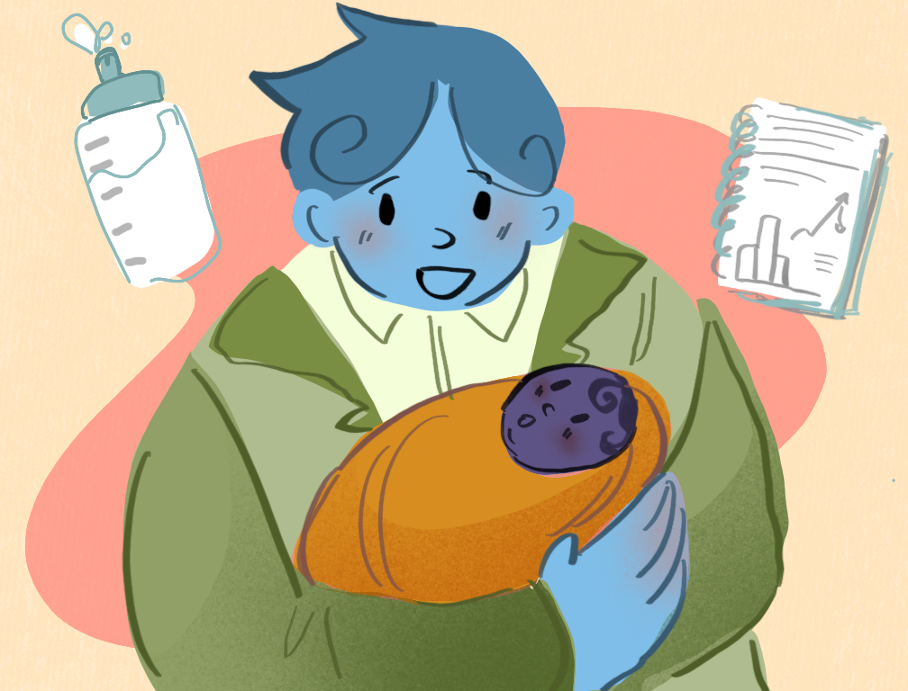An illustration of a character holding a newborn baby.