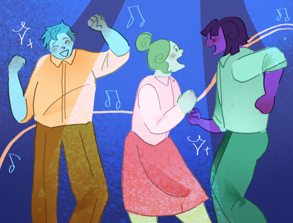 An illustration of colorful characters dancing in front of a blue background.