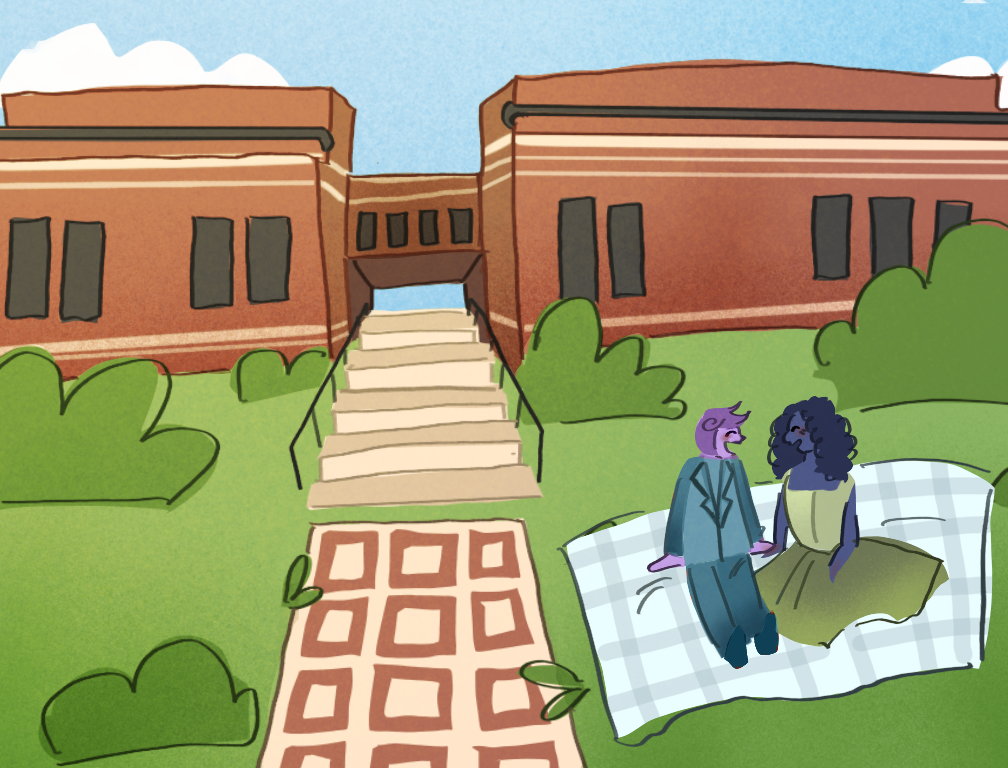 An illustration of two characters sitting on a picnic blanket outside of a campus building.
