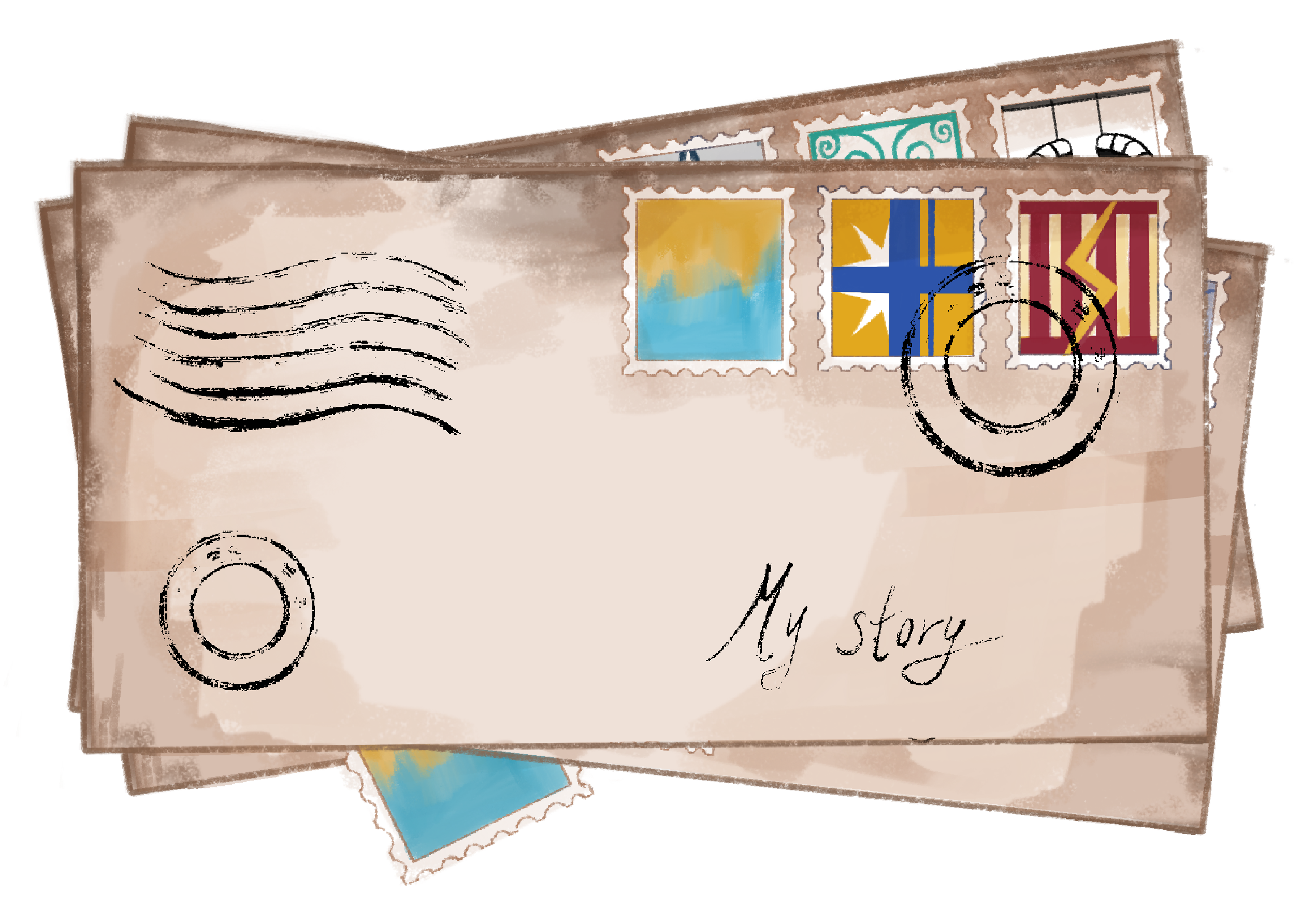 A collage of illustrated letters with stamps inspired by the schools of the sources in the story.