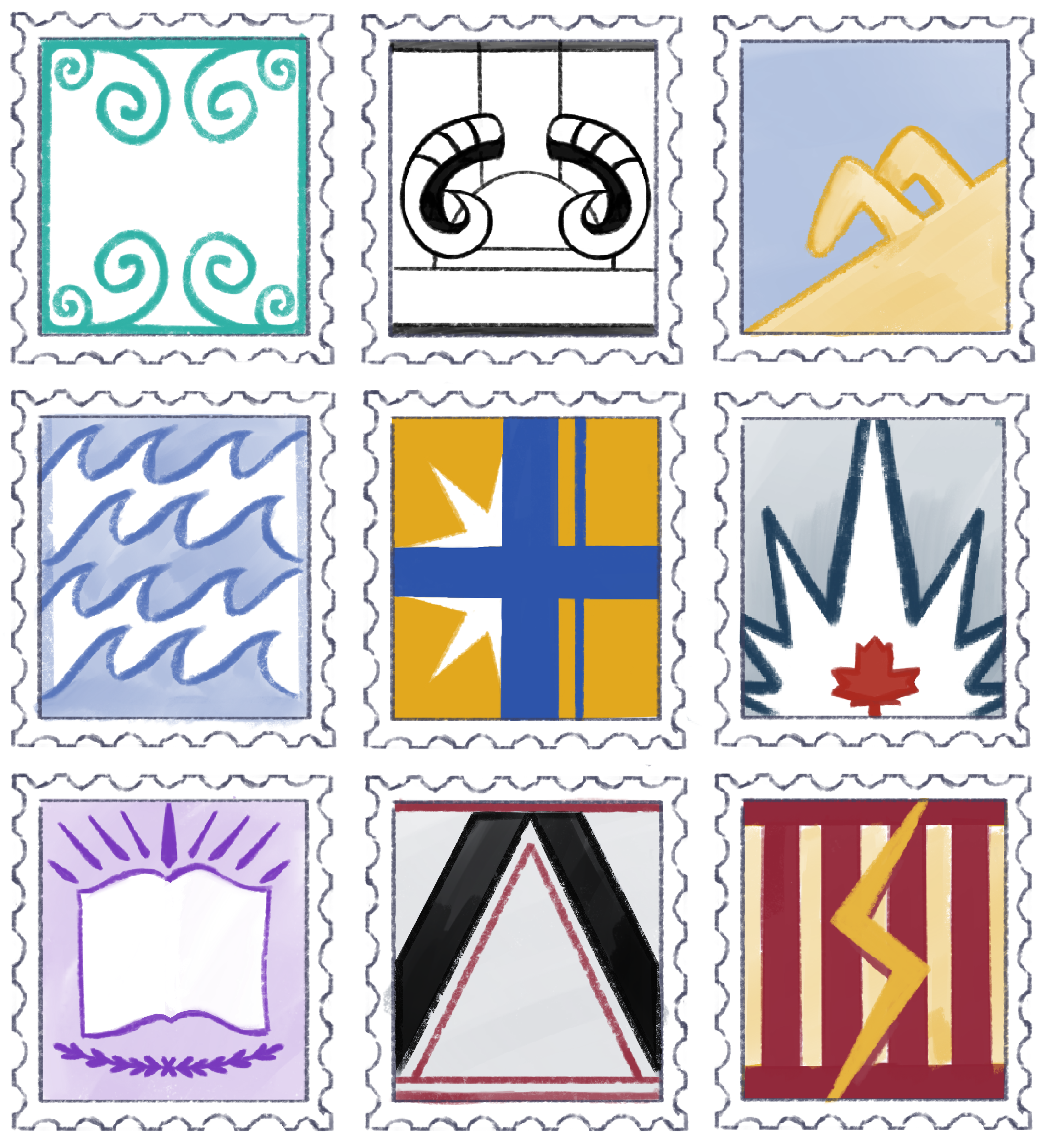 A collage of illustrated postage stamps.