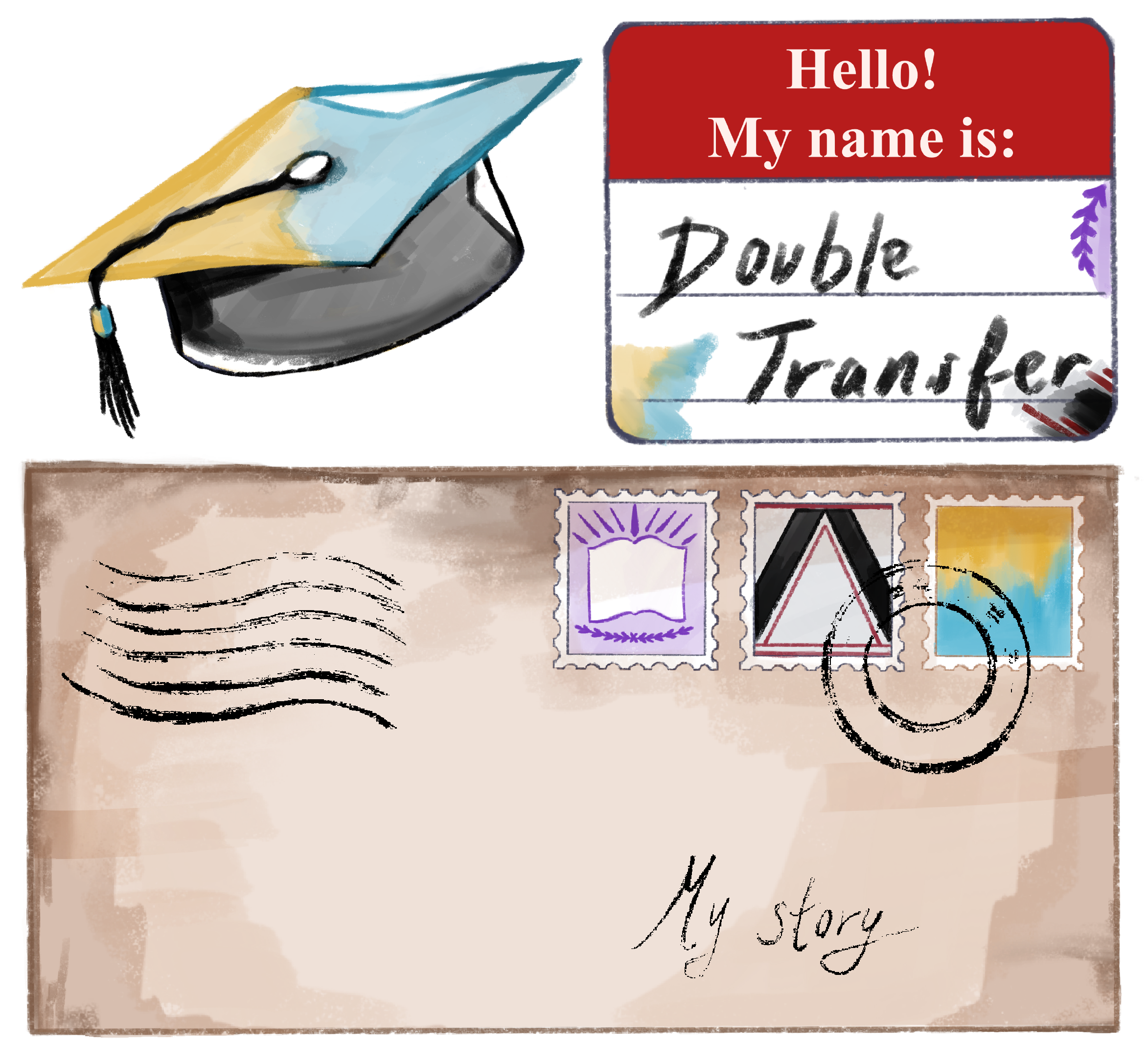 A collage of a name tag, graduation cap, and letter.