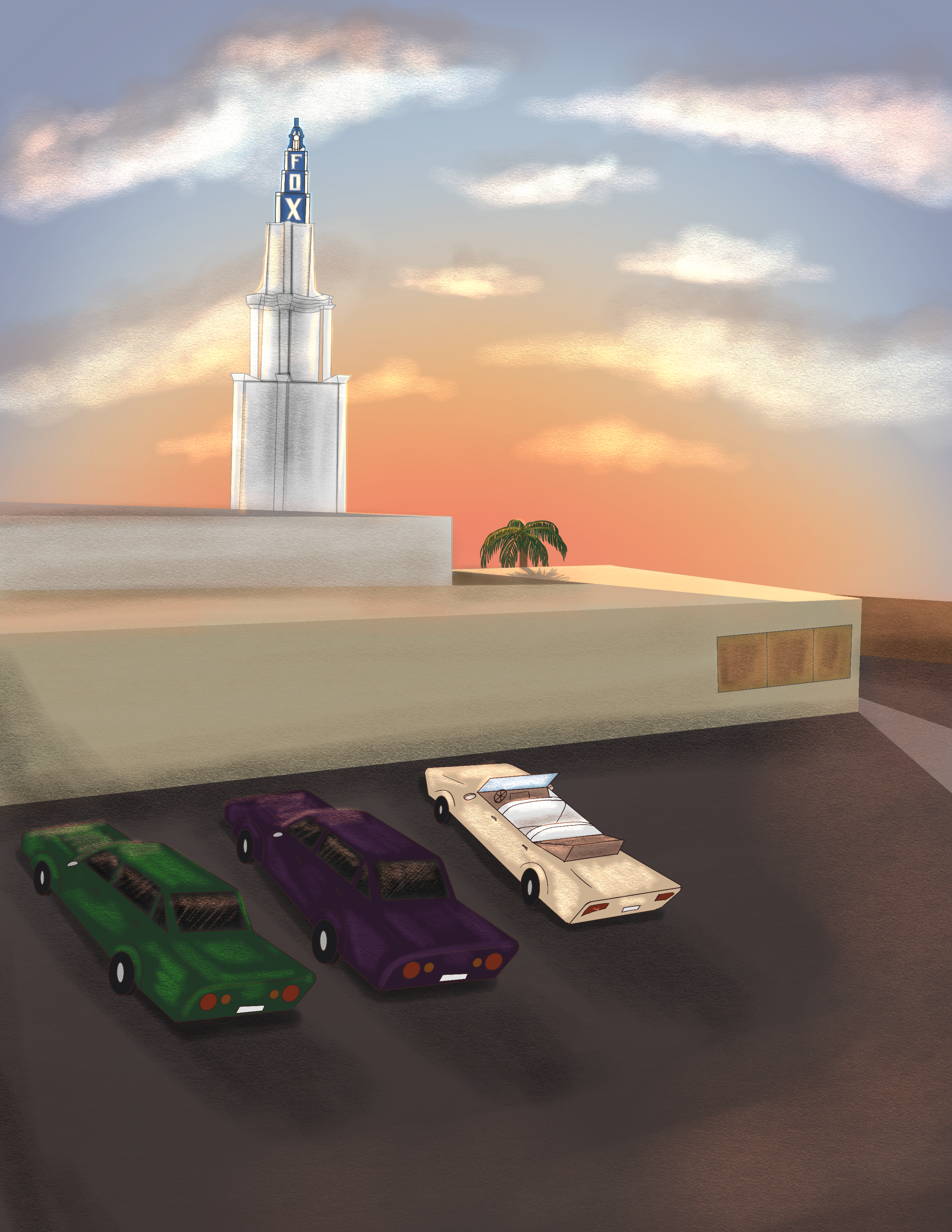 An illustration of cars parked behind the Westwood Village Theater at sunset.