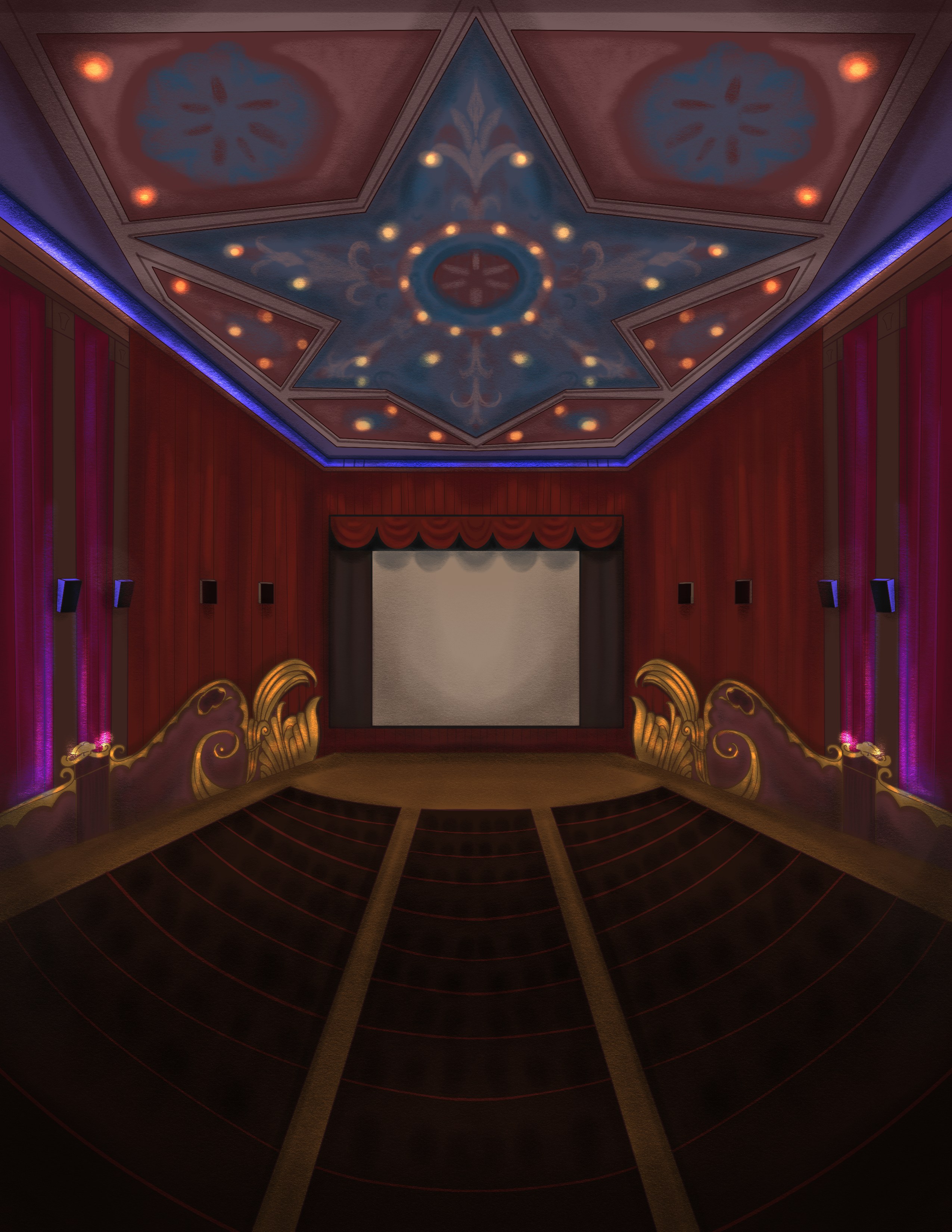 An illustration of the interior of the Westwood Village Theater.