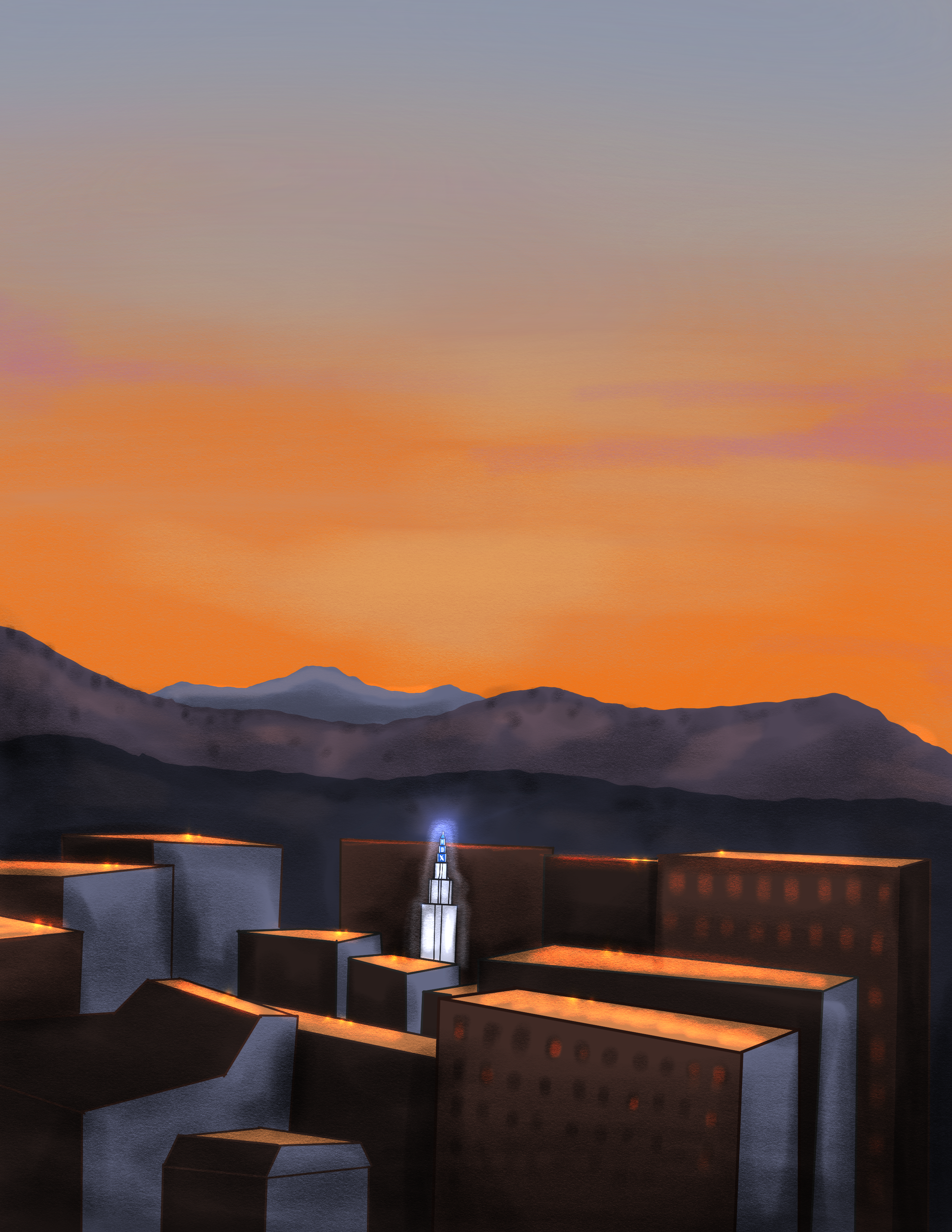 An illustration of a sunset view of the Westwood skyline.