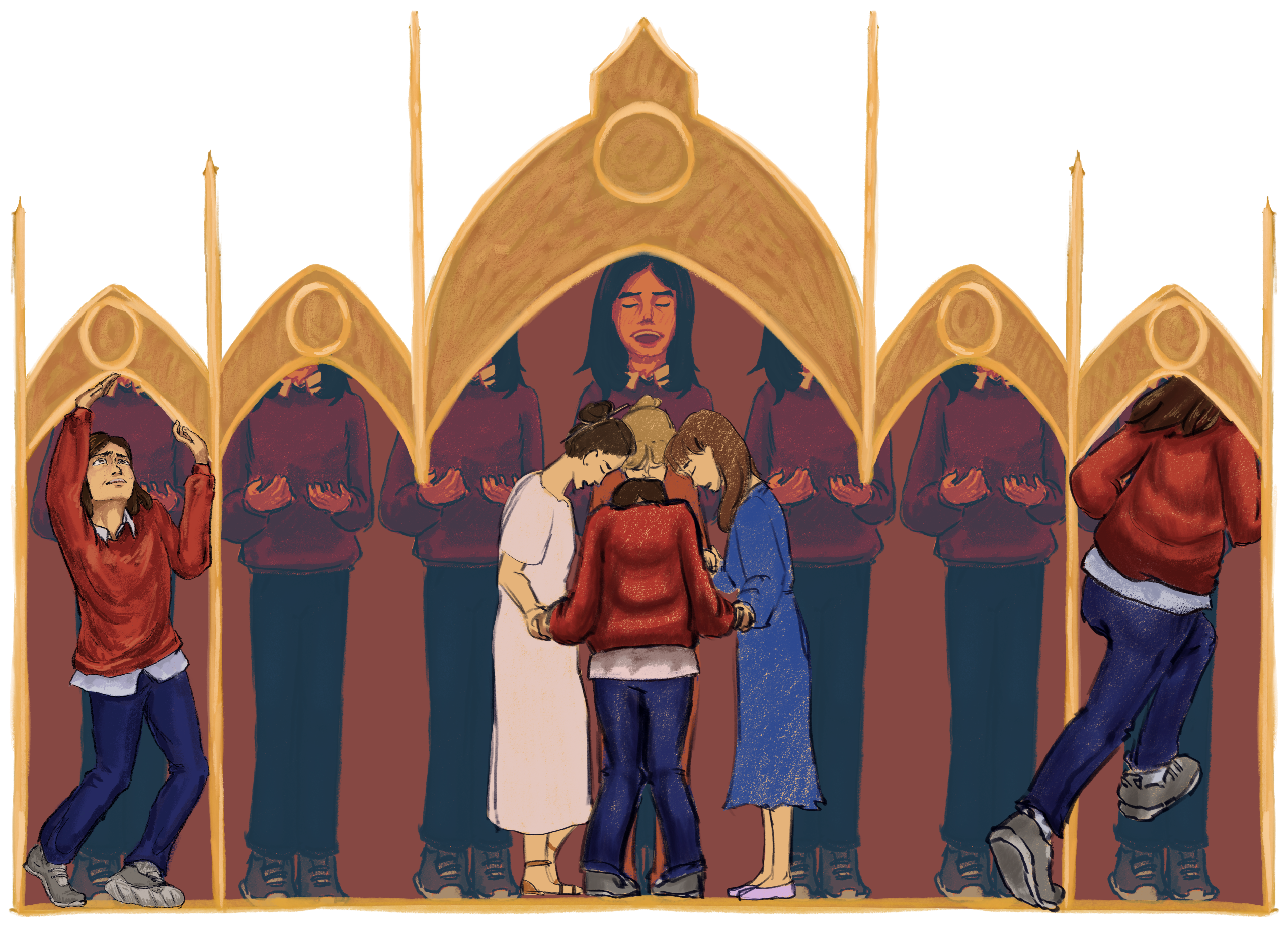 An illustration of people holding hands in front of arches.