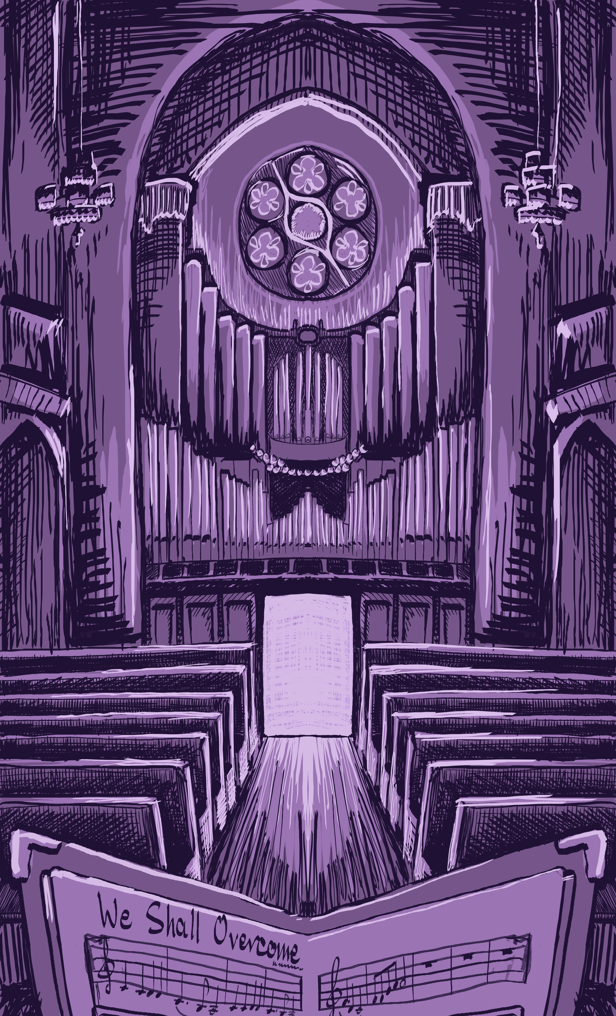 An illustration of an organ at the front of a church with sheet music obstructing some of the view.